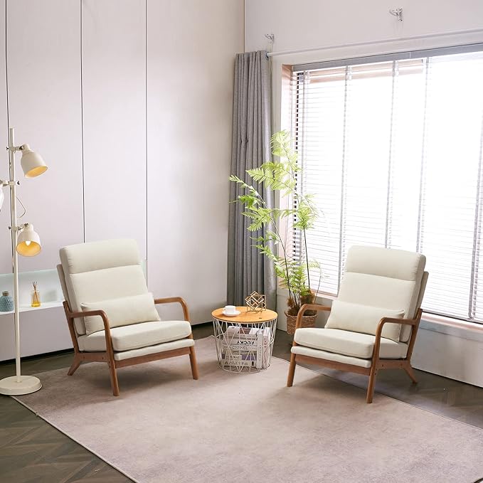 Bonnlo High Back Beige Accent Chairs Set of 2 Upholstered Mid Century Modern Lounge Fabric Chairs Reading Chairs Side Sitting Chair Solid Wood Farmhouse Armchairs for Living Room Bedroom Guest Room