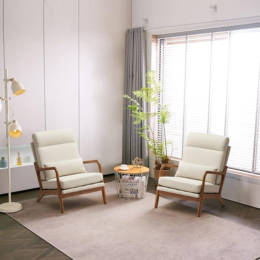 Bonnlo High Back Beige Accent Chairs Set of 2 Upholstered Mid Century Modern Lounge Fabric Chairs Reading Chairs Side Sitting Chair Solid Wood Farmhouse Armchairs for Living Room Bedroom Guest Room