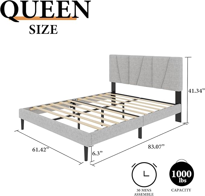 Queen Size Platform Bed Frame with Geometric Upholstered Headboard Noise Free Wooden Slats Support No Box Spring Needed Easy Assembly Light Grey Linen