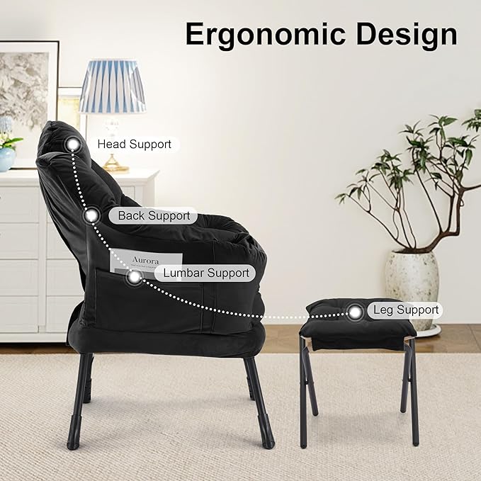 Lazy Chair with OttomanOversized Accent Chair with Thick Cushion Side PocketModern Lounge Arm Reading Chair and Folding Footrest for Living RoomBedroomOfficeDormApartment Black