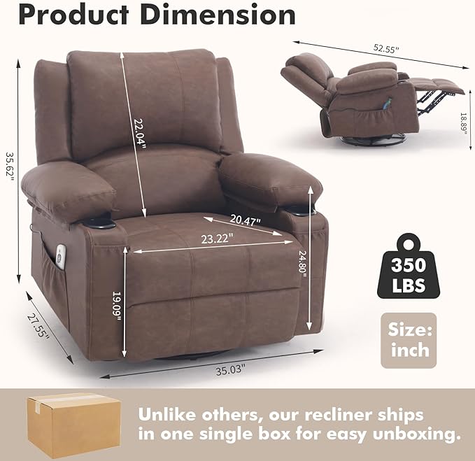 Faux Leather Swivel Rocker Recliner with Heat and Massage Cup Holders Overstuffed Rocking Glider Chair Heated Massaging Reclining Chair Earthy Brown
