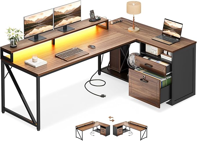 AODK L Shaped Desk with Wooden Drawers &amp Locking File Cabinet 61 Inch Large Executive Desk with Power Outlet Led Computer Desk with Storage Corner Office desk with Monitor Stand &amp CPU Stand