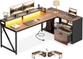AODK L Shaped Desk with Wooden Drawers &amp Locking File Cabinet 61 Inch Large Executive Desk with Power Outlet Led Computer Desk with Storage Corner Office desk with Monitor Stand &amp CPU Stand