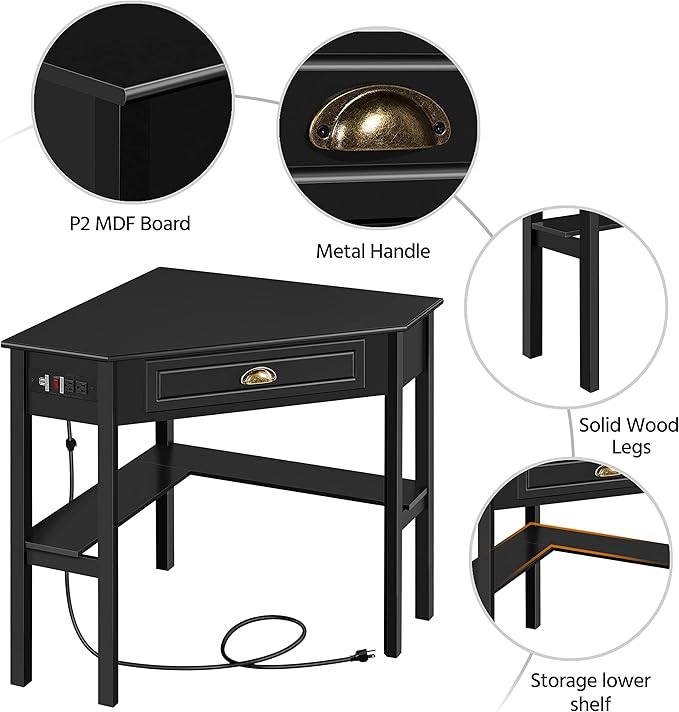 Yaheetech L Shaped Computer Desk Corner Table with Charging Station Outlets for Small Space 90 Degree Triangle Desk Home Office Table with Drawer and Storage Shelf for Workstation Living Room Black