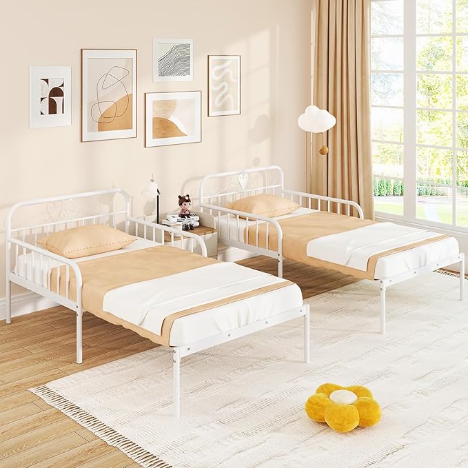 Giantex Metal Twin Bed Frame Convertible Sofa Bed with Headboard &amp Armrests Pull-Out Sleeper Chair Bed for Small Spaces Dorm Guest Apartment Suitable for Folding Sofa Mattress White
