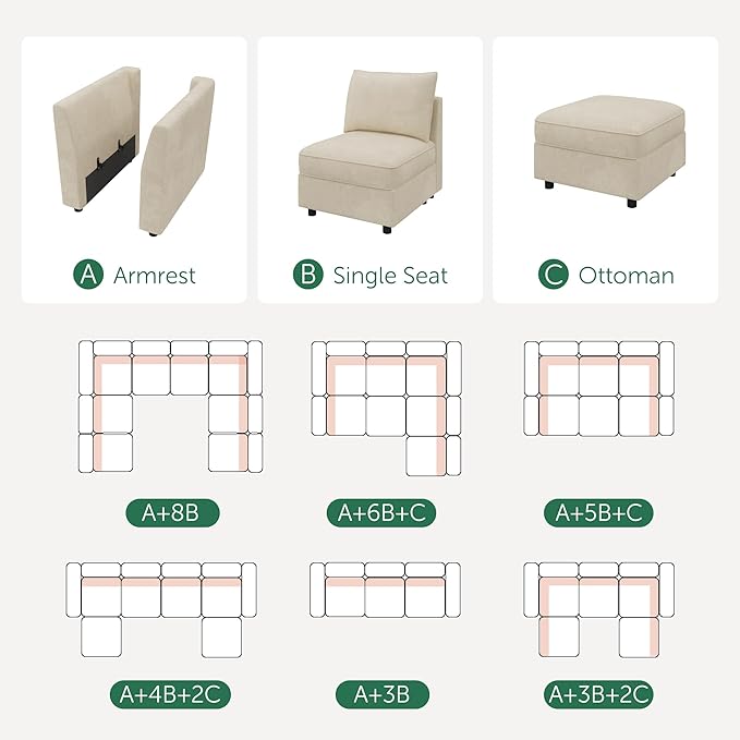 HONBAY Ottoman Module for Modular Sectional Sofa Couth Storage Ottoman Ottoman Bench for Living Room - Beige