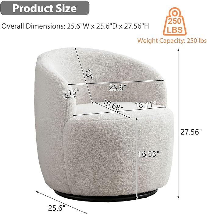 KIVENJAJA Swivel Barrel Chair Teddy Sherpa Upholstered Modern Round Accent Arm Chairs 360 Degree Swivel Small Single Sofa Armchair for Nursery Living Room Bedroom (Teddy Ivory)