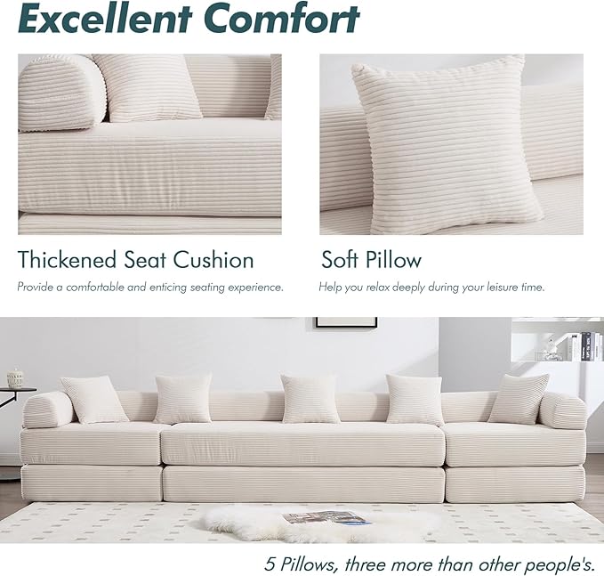 10-in-1 Folding Convertible Sofa Bed 141 Inch Boneless Couch with Fixed-Shape Frame Corduroy Modular Sectional Sofa Mattress Sleeper Sofa Floor Sofa Futon Couch for Living Room (Beige)