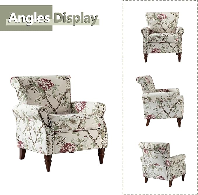 HULALA HOME Modern Wingback Accent Chair with Wood Legs &amp Removable Cushion Comfy Upholstered Armchair with Nailhead Trim Floral Pattern Sofa Chair for Bedroom Living Room Floral
