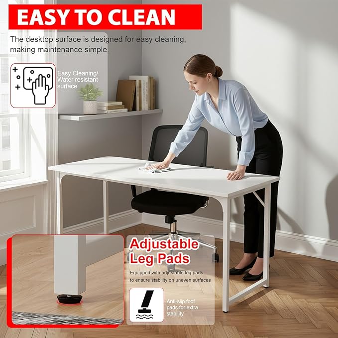 Bigacc Computer Desk Office Desk with Metal Frame Adjustable Feet | Water-Resistant Scratchproof Surface | Sturdy Writing Table for Home Office or Study (White 55 Inch)