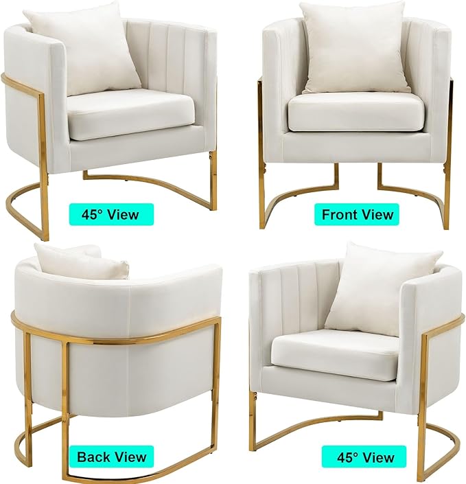 X-VOLSPORT Velvet Accent Chair Modern Barrel Arm Chair for Living Room/Bedroom/Guest Reception Upholstered Club Armchair with Pillow &amp Gold Base White