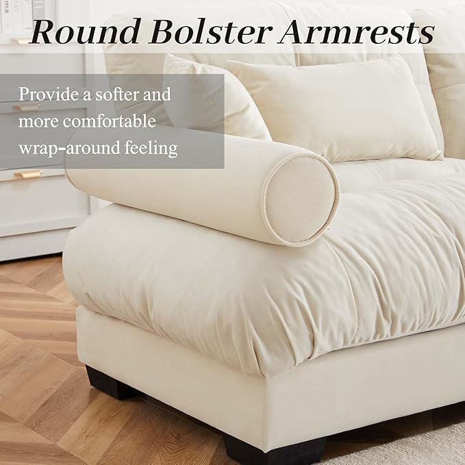 94 Modular Sectional SofaVelvet Upholstered Couches for Living Room3 Seater Beige Sofa Couch with Movable OttomanBig Comfy Loveseat Sofa with Deep Seats for Living RoomApartmentBedroom