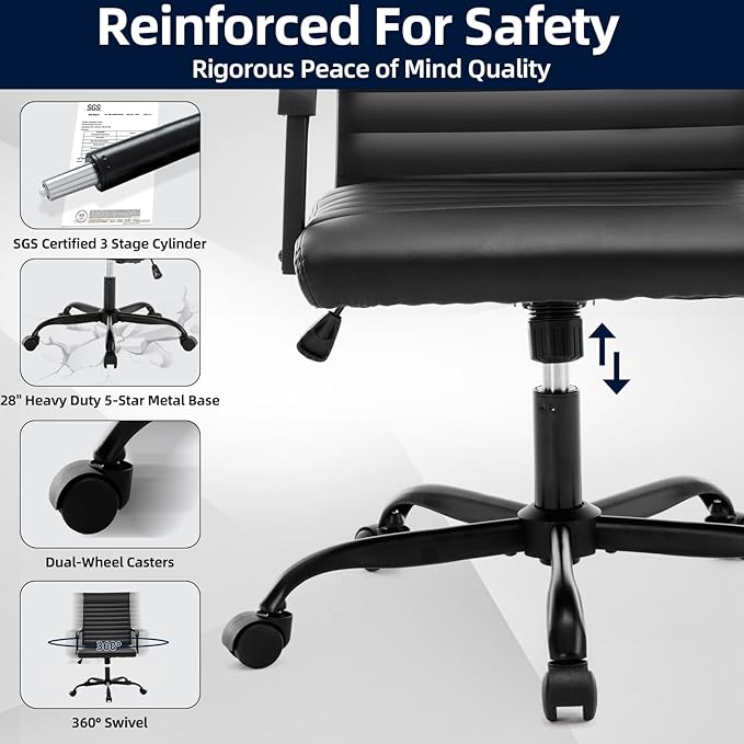 Office Chair Ergonomic Executive Conference Room Chairs Ribbed Leather Desk Chair with Lumbar Support Adjustable Height Mid-Back Swivel Chair with Padded Seat and Square Tube Armrests