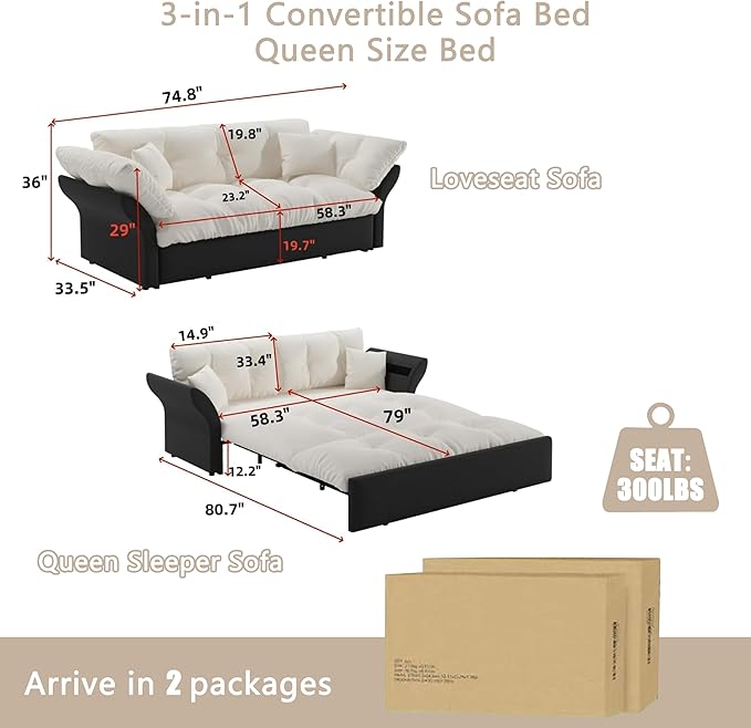 74.8'' Pull Out Sofa Bed Queen Convertible Sleeper Sofa Couch Velvet Loveseat Recliner Comfy Cloud Futon Couch for Living Room Apartment Small Space Bedroom RV Beige