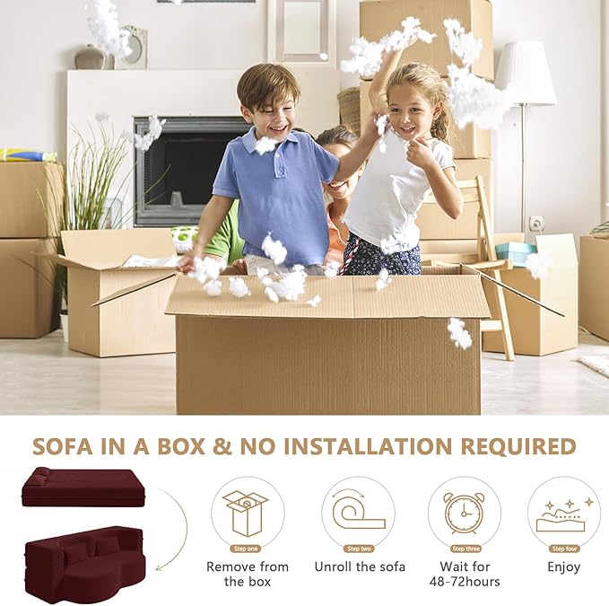 Aoowow Folding Sofa Bed 78” Convertible Sleeper Sofa with Pillows Modern Teddy Fabric Floor Loveseat Couch Comfy Foam Filled Couches Folding Mattress for Living RoomBurgundy