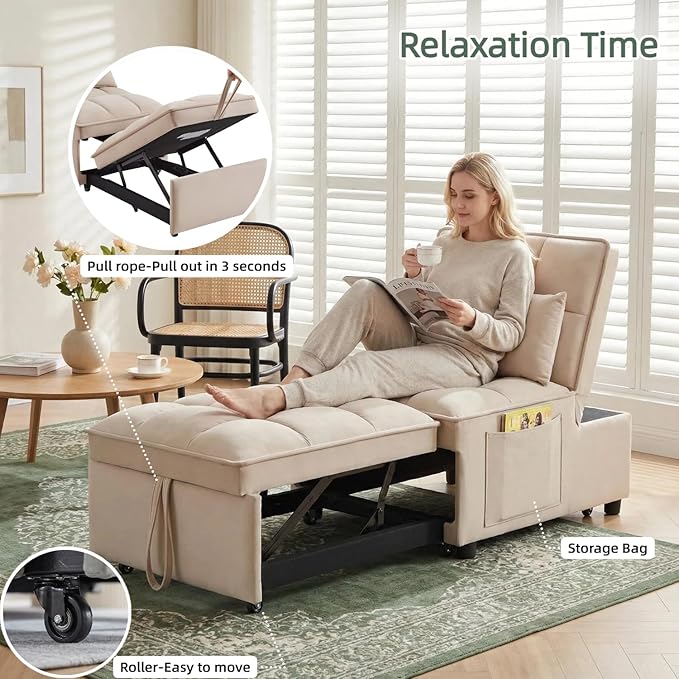 24.5 Wide Convertible Sleeper Chair with Pull Out Bed 4-in-1 Chair Bed with Adjustable Backrest &amp Storage Pockets Armless Metal Frame | Space-Saving Couch for Living Room &amp Bedroom (Gray)