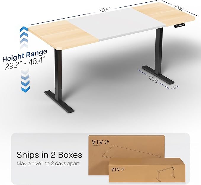VIVO Electric 71 x 30 in Standing Desk Memory Height Adjustment 1B Series Holds 220 lbs White and Light Wood Top Black Frame DESK-KIT-1B7WC