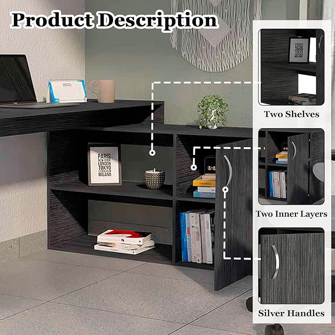 60 Inch Black L Shaped Desk with Storage Large Computer Corner Home Office Desk with File Cabinet &amp 2 Storage Shelves Wood Corner Desk for Small Space Gaming Writing Work