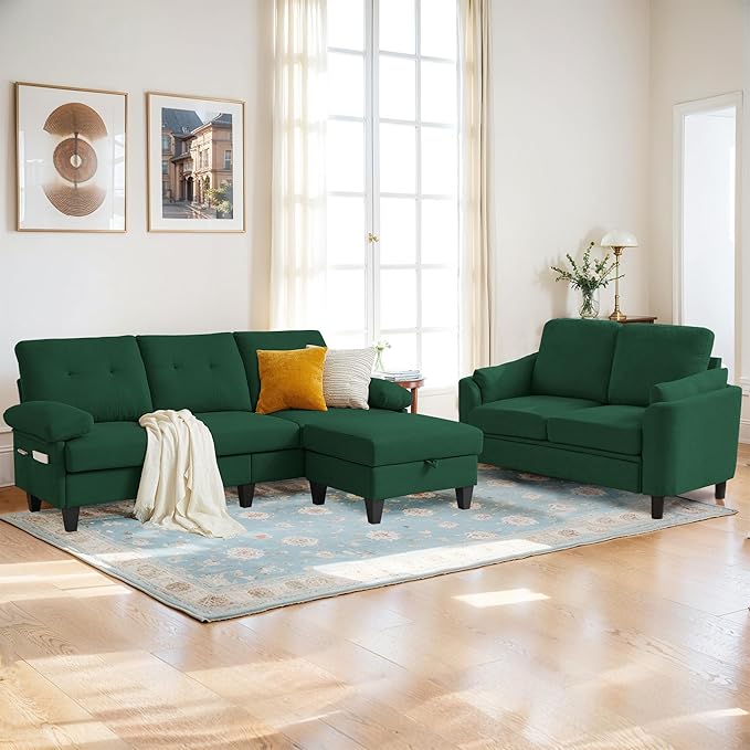 2 Pieces Sectional Sofa Set 79 3-Seat L Shaped Couches with Storage Ottoman and 59 Loveseat Sofa Set Polyester Fabric for Living Room Small Spaces Green