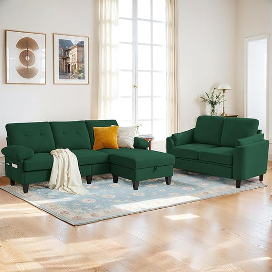 2 Pieces Sectional Sofa Set 79 3-Seat L Shaped Couches with Storage Ottoman and 59 Loveseat Sofa Set Polyester Fabric for Living Room Small Spaces Green