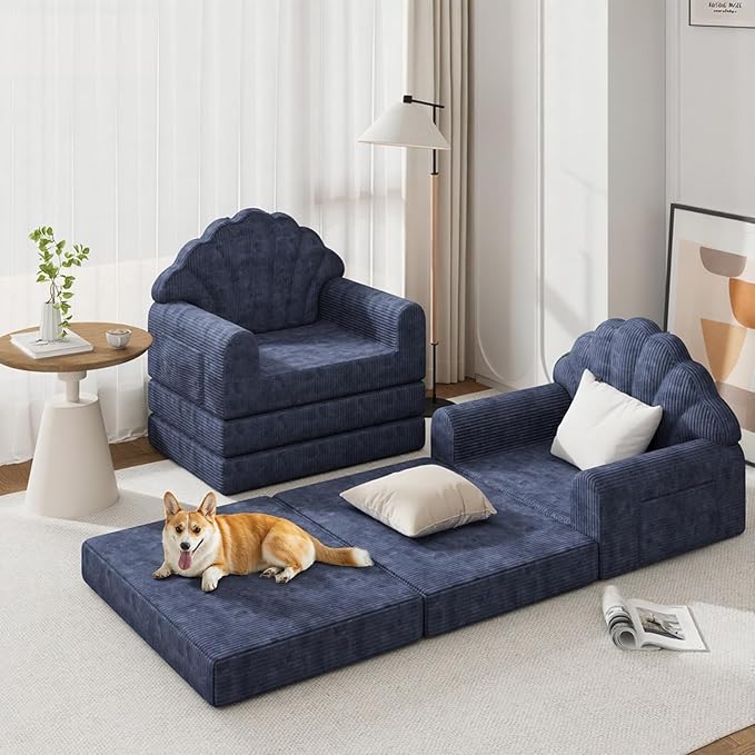 2-in-1 Folding Sofa Bed with Back Support 75 D x 34 W Convertible Futon Sleeper Chair for Adult Fold Out Bean Bag Floor Foam Lounger Couch for Living Room Bedroom Small Space Navy Blue