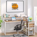47'' L Shaped Gaming Desk with Power Outlets Reversible Corner Computer Desk with Monitor Stand Storage Shelves Side Bag Home Office Desks for Home Office Gaming (White+Brown 55 Inch)