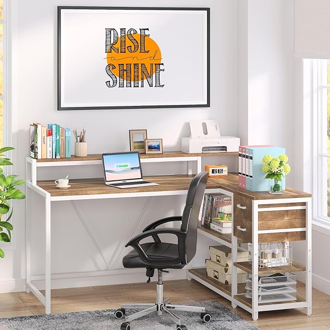 47'' L Shaped Gaming Desk with Power Outlets Reversible Corner Computer Desk with Monitor Stand Storage Shelves Side Bag Home Office Desks for Home Office Gaming (White+Brown 55 Inch)