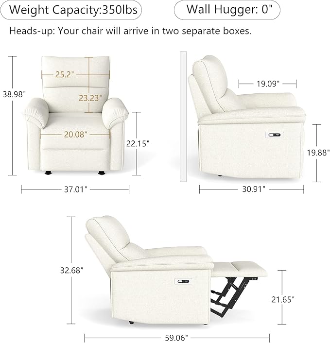 cinkehome Wall Hugger Power Recliners for Small Spaces Electric RV Recliners with USB Modern Recliner Chair for Living Room Apartment Off-White