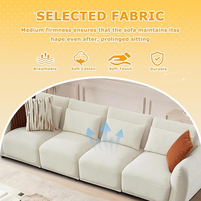 Boucle Sectional Couches for Living RoomComfy Upholstered Modular Sectional SofaU Shaped CouchL Shape Sofa with Removable Ottoman.(4Seats-Beige White)