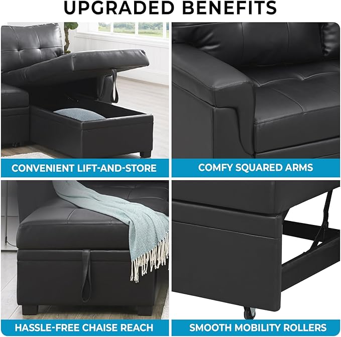 Naomi Home L-Shaped Reversible Sectional Sofa with Pull-Out Sleeper Bed and Storage Chaise Black Air Leather