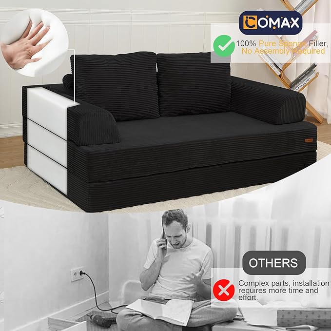 COMAX Futon Sofa Bed Convertible Folding Sofa Bed Boneless Couch Loveseat Corduroy with Pillows Small Foldable Floor Couch Comfy Lounge Sleeper for Living Room Bedroom Black
