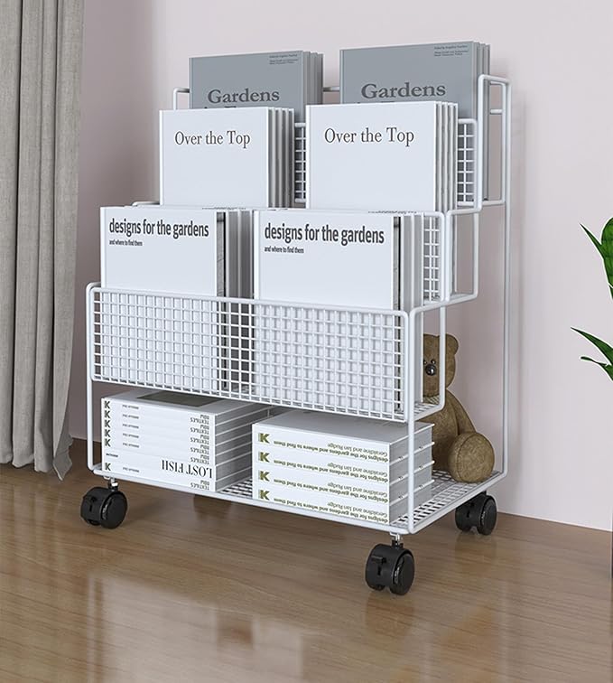 AVSMGP Rolling File cart with Shelves 4-Tier Mobile Bookshelf Metal File Storage Utility Storage cart for Office Home SchoolWhite