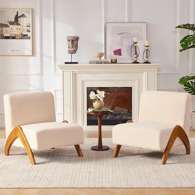 Oversized Accent Chair upholstered armless mid Century Modern Living Room Chair with Wooden Legs for Bedroom/Office/Cafe Sherpa Beige