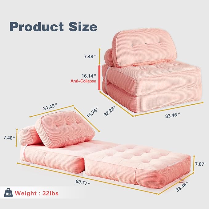 Folding Sofa Bed Flannel Futon Couch Bed with Pillow and Blanket Convertible Sleeper Chair for Living Room Bedroom Pink