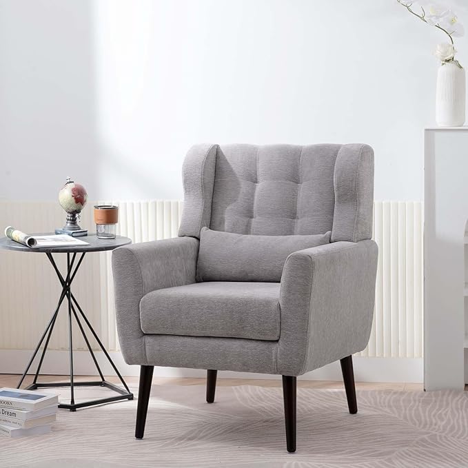 Modern Accent Chair &amp Wingback Chair - Comfortable Living Room Chairs with Waist Pillow - Gray