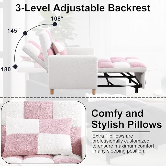 3-in-1 Sleeper Chair Bed for Living RoomConvertible Pull Out Chair Bed with Adjustable BackrestMulti-Functional Sofa Bed for Living Room (Pink)