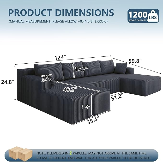 124 Corduroy U-Shaped Sectional Sofa Modern Modular Boneless 4-Seater Couch with 6 Pillows Upholstered Deep Seat DIY Cloud Sofa for Living Room No Assembly Required (Dark Grey)