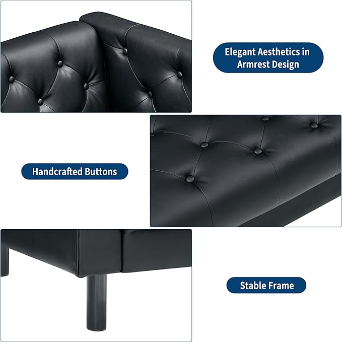 81 Button-Tufted Leather Sofa Mid-Century Modern Chesterfield 3 Seater with Deep Seat and 2 Pillows Ideal Leather Couch for Living Room Apartment and Office Use (Vintage Black)