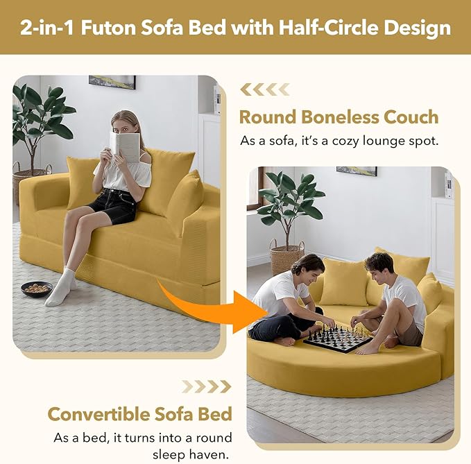 Round Boneless Couch Corduroy Upholstered Folding Convertible Sofa Bed with Pillows 2-in-1 Futon Sofa Bed with Half-Circle Design Comfy Loveseat for Living Room Apartment (Yellow)