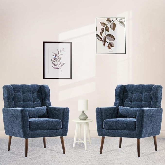 Modern Accent ChairsUpholstered Arm Chairs with PillowMid Century Sofa Chairs with Chenille FabricComfy Reading Chair for Living RoomBedroom (Blue Set of 2)
