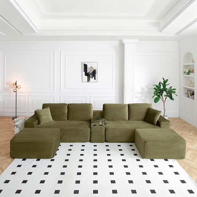 Modular Sectional Couch Modern Cloud Sectional Sofa U Shaped Boneless Couch with Double Chaise Comfy Deep Seat Upholstered Sofas Couches for Living Room No Assembly (150 Green)