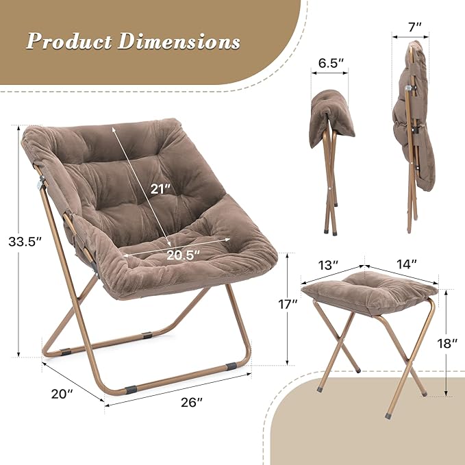 Athena Collection Comfy Saucer Chair and Ottoman Set for Adult Comfortable Faux Fur Square Oversize Folding Reading Chair with Metal Leg Lazy and Cozy for Bedroom Living Room Beige