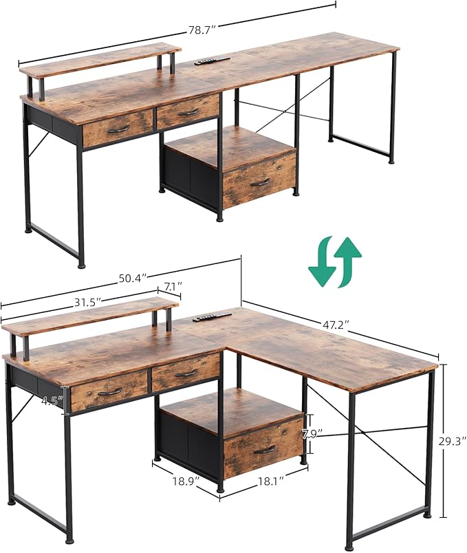 L Shaped Computer Desk 78.7 Reversible Home Office Desk with Printer Storage Shelf &amp 3 Fabric Drawers Two Person Desk with LED Lights &amp Power Outlet Corner Gaming Desk with Monitor Shelf