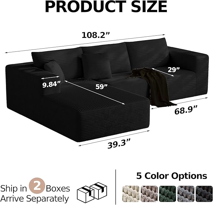 CHORRO108''Sectional Boneless Cloud SofaModern Modular L-Shape Couch for Living RoomCorduroy Convertible Sponge Sleeper SofasUpholstered Lougne Chaise Couchs-with Soft Pillow(BlackLeft Chaise)