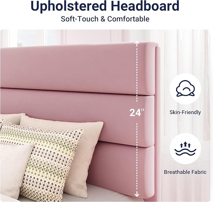 Allewie Full Size Platform Bed Frame with Velvet Upholstered Headboard and Wooden Slats Support Fully Upholstered Mattress Foundation/No Box Spring Needed/Easy Assembly Pink