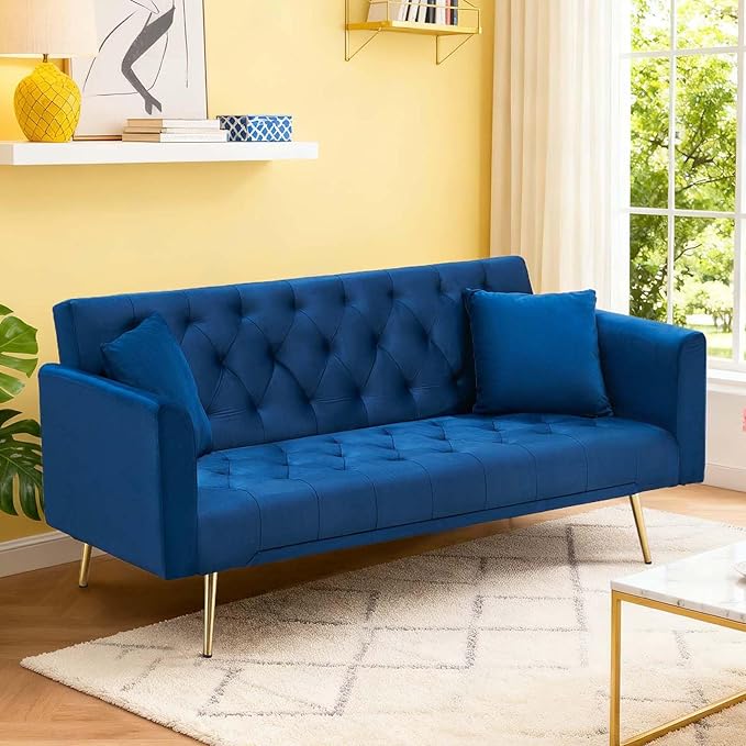 71Convertible Futon Sofa Bed - Modern Velvet Sleeper Couch with Adjustable Backrest Tufted Recliner with Golden Chrome Legs &amp 2 Pillows Perfect for Small Spaces Living Room &amp Apartment (Bl