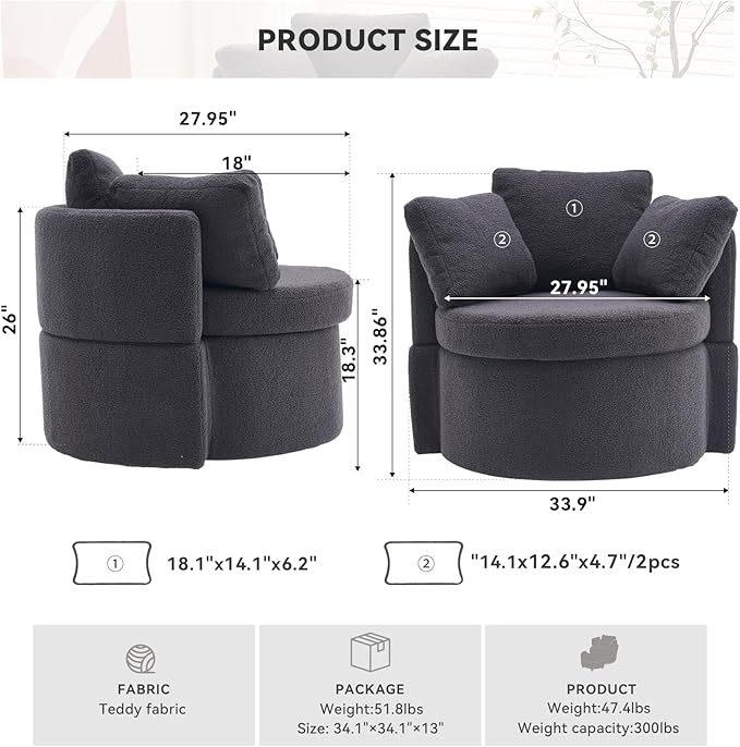 FOXHUNTER Swivel Barrel Chair 360 Degree Swivel Round Storage Chair with 3 Pillows Oversize Teddy Swivel Accent Chair Comfy Single Sofa Chair for Nursery Living Room Bedroom (Dark Gray)