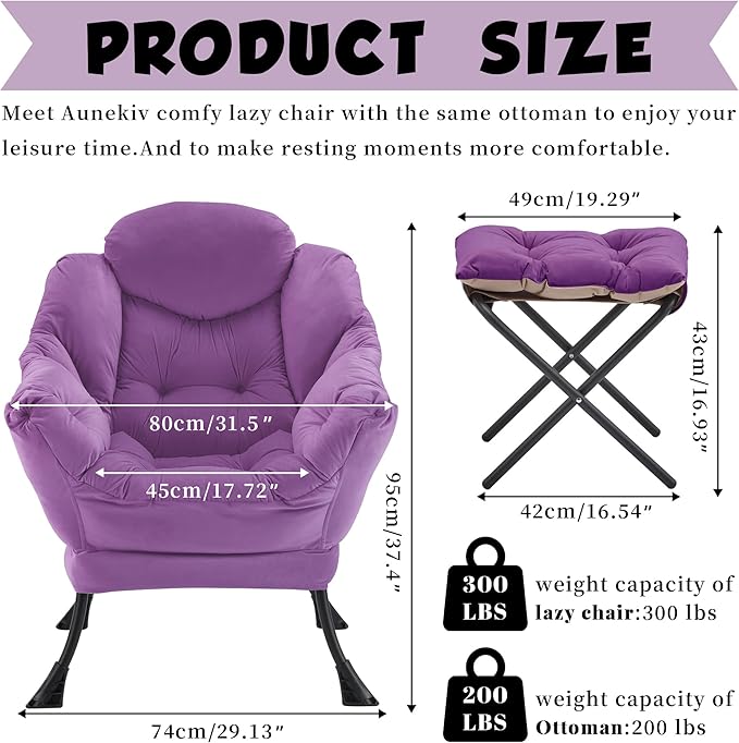 Lazy Chair with Ottoman Comfy Accent Lounge Chair with Side Pocket Modern Reading Armchair with Footrest Upholstered Sofa Chair for Small Spaces Bedroom Living Room Dorm Purple