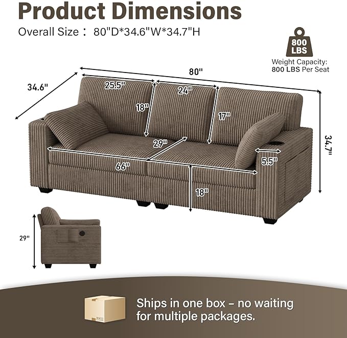 OUYESSIR 80 Loveseat Sofa for Living RoomModern Sofa with USB Charging Ports &amp Cup HoldersComfy Corduroy Couch with Upholstered Cushion3 Seater Deep Seat Couch for Small SpaceBedroom Light Br