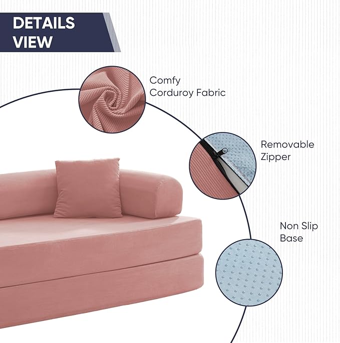 ijuicy 4-in-1 King Convertible Floor Sofa Bed w/ 2 PillowModular Sleeper Sofa/Folding Futon Couch Bed w/Cylindrical Backrest and Fixed FrameLounge CouchCorduroy Compression Sofas for Home-Pink